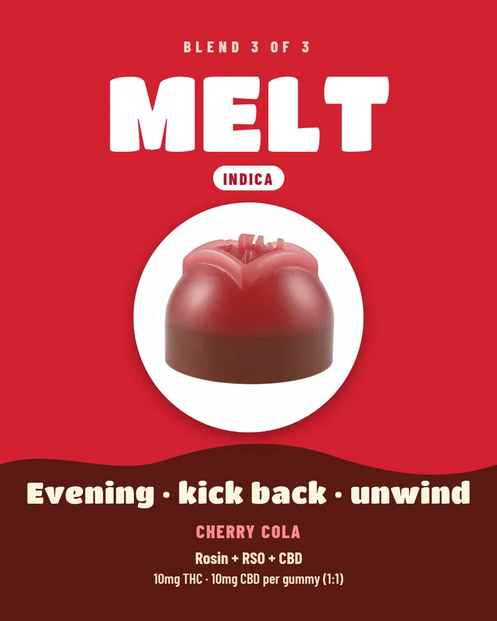 Blend 3 of 3: MELT, indica. Evening, kick back, unwind. Cherry Cola. Rosin + RSO + CBD. 10mg THC, 10mg CBD per gummy (1:1).
